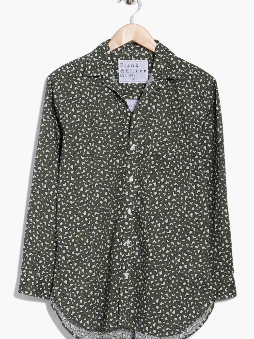 Frank & Eileen Olive Green Button-Down Shirt with White Heart print